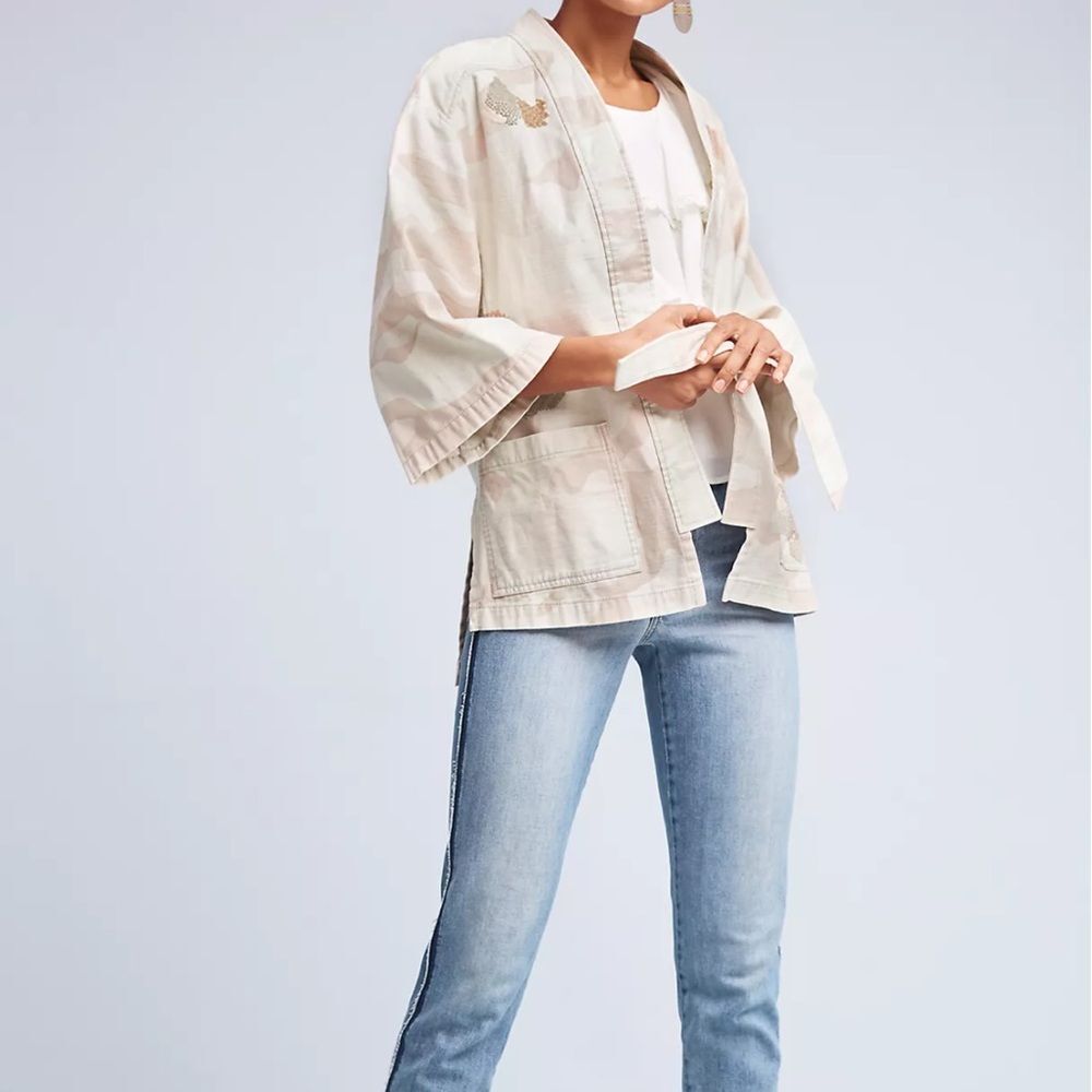 HEI HEI Anthropologie Neutral Camo Embroidered Kimono Jacket Women’s M